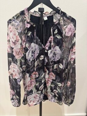 Joie Black Sheer Floral Tie-Neck Blouse with Pink & Lavender Roses